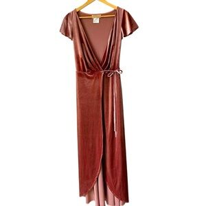 After Six Elegant Velvet Wrap Dress, Flutter Sleeve, Rose Pink, Regencycore, XS